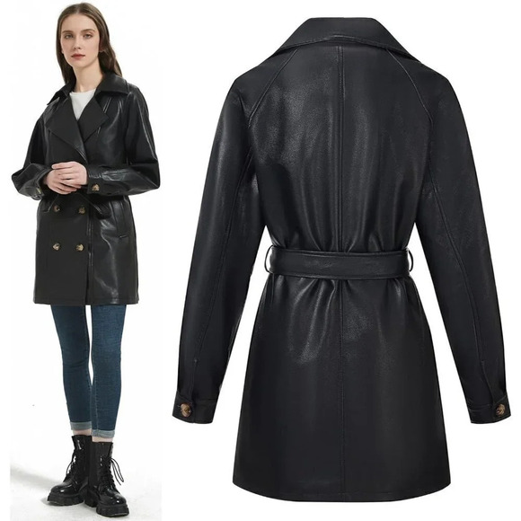 Risissida Women Mid Length Faux Leather Trench Coat Winter Belted Long Jacket - Picture 4 of 8